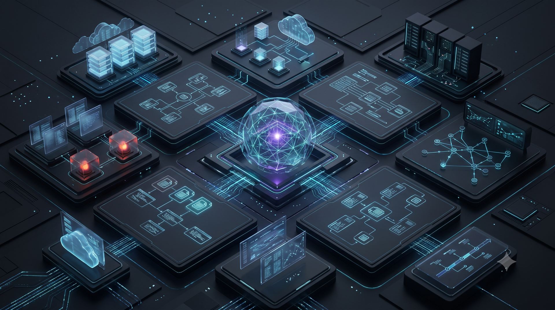 An abstract AI intelligence core at the center of connected panels showing diagrams, documents, dependency maps, and alert indicators.