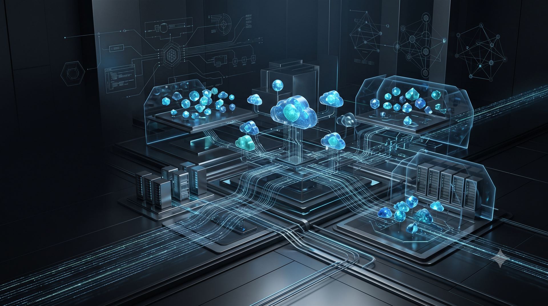 Abstract visualization of multiple enterprise data sources and systems converging into a single connected platform layer.