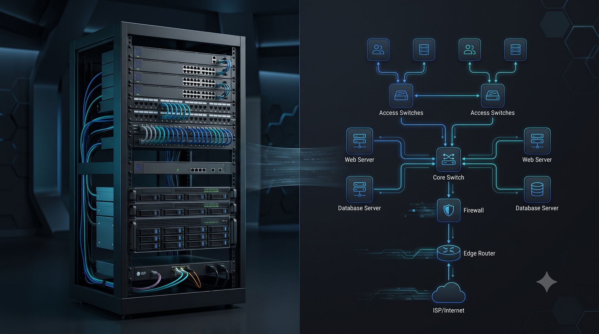 A physical server rack with patch panels and cabling on the left, transforming into a labeled logical network topology on the right: access switches, core switch, firewall, edge router, web and database servers, out to the ISP and internet.
