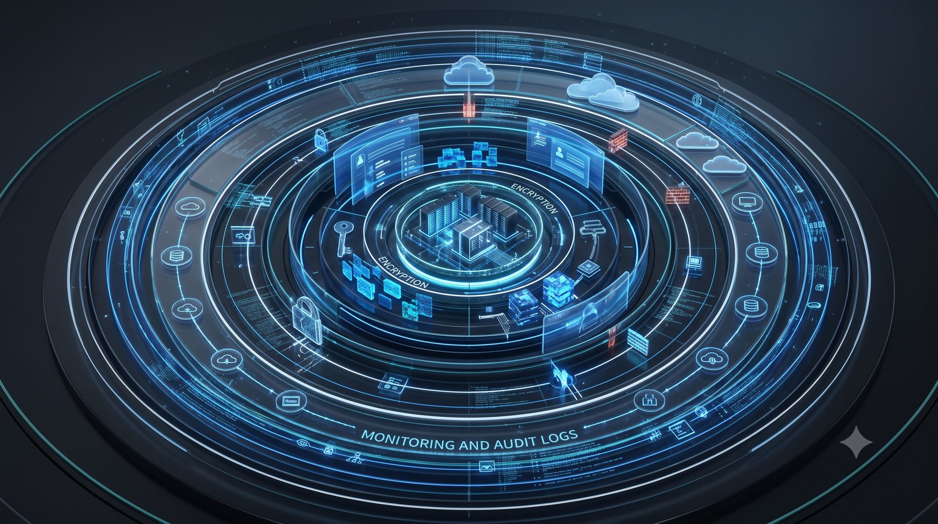 Concentric protective rings around a core system, illustrating layered security: encryption, identity, monitoring and audit logging.